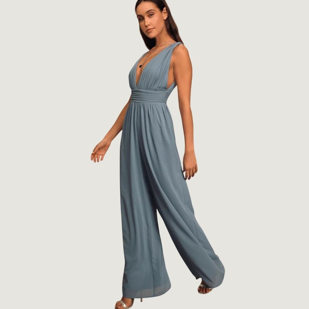 NWY Lulus Divine Muse Slate Blue Wide Leg Jumpsuit Size M Party Wedding Guest